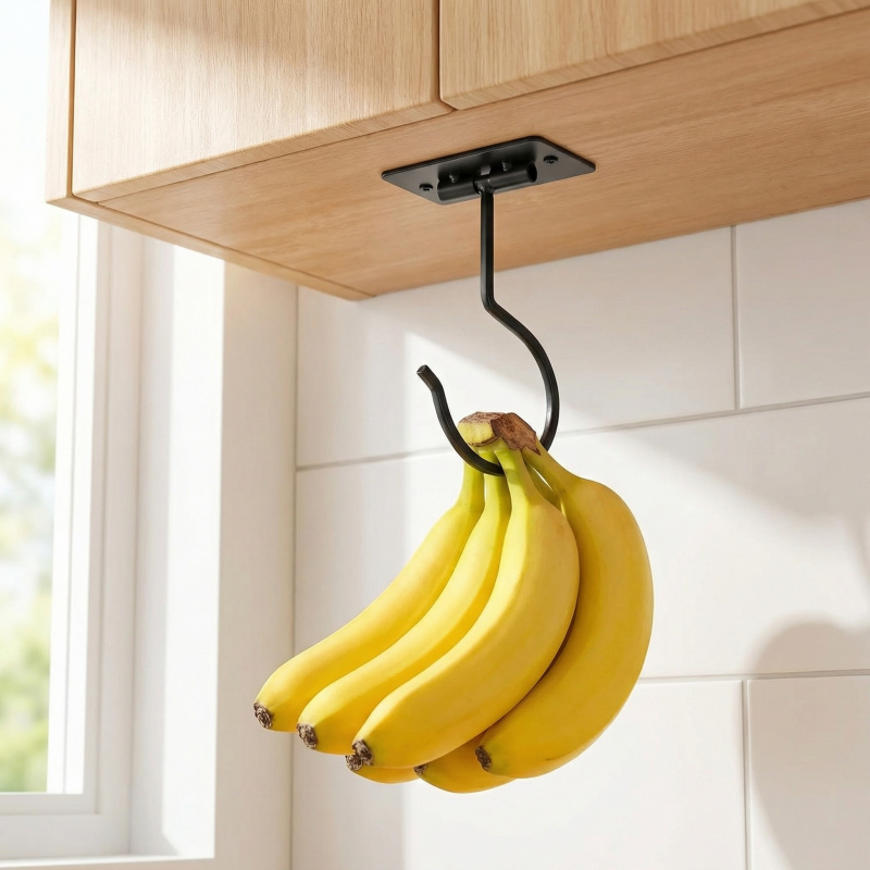 Food Storage Kitchen Cabinet - Siyah Metal Kendinden Yapışkanlı Muz Askısı